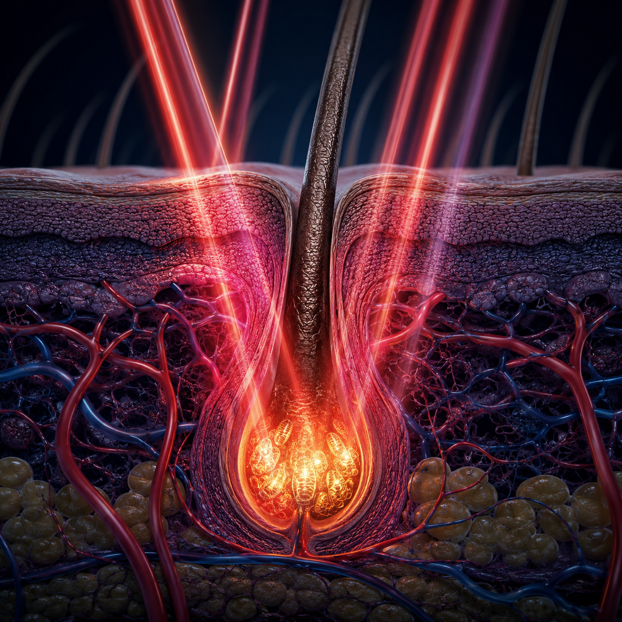 Red light penetrating hair follicle — photobiomodulation mechanism